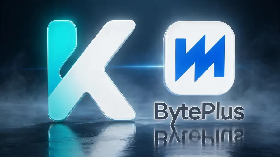 The KreatorFlow K mark and the BytePlus logo lit on a dark reflective stage
