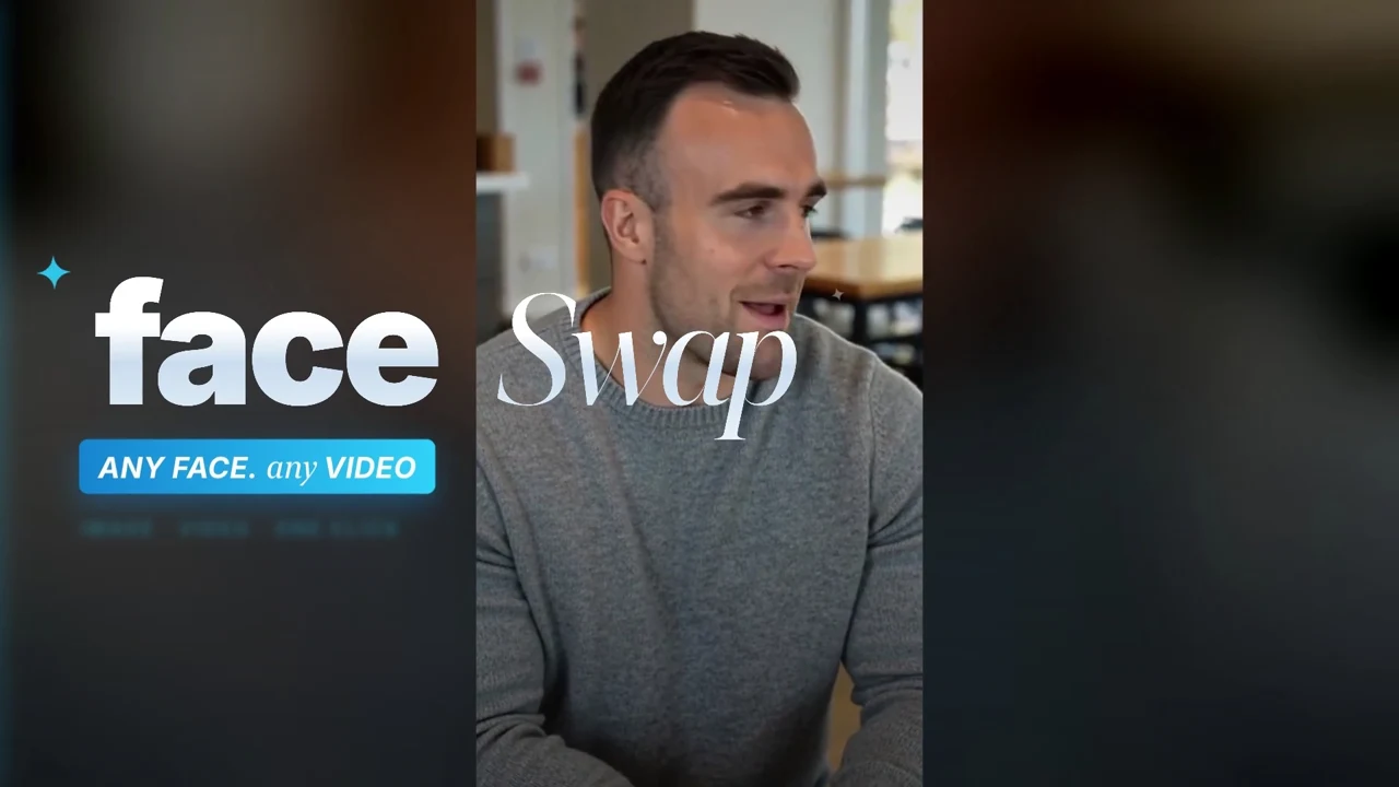 KreatorFlow Face Swap: a face swapped in a video, one photo swapped to five different faces, then a one-click swap