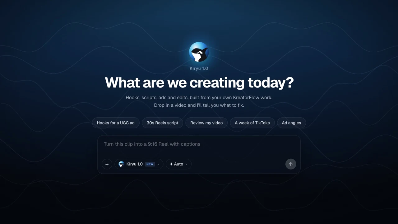 Kiryū, the KreatorFlow assistant: asked to launch a perfume, it writes three hooks and a timed script, then makes the ad right in the chat; a week of TikToks, a video review, Lip Sync, Kitsune and Kartoonz results follow