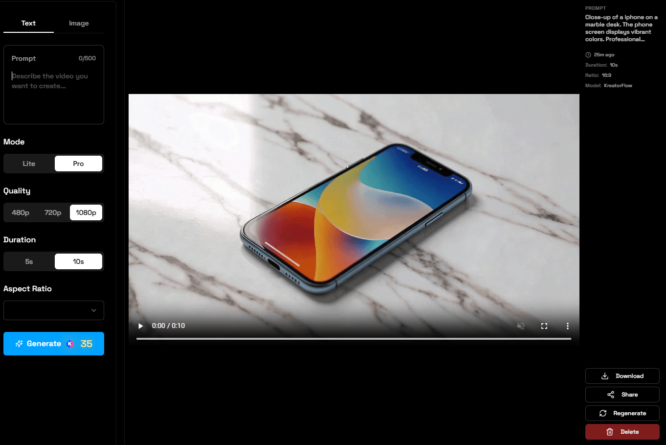 Video generation interface showing Text-to-Video mode with settings