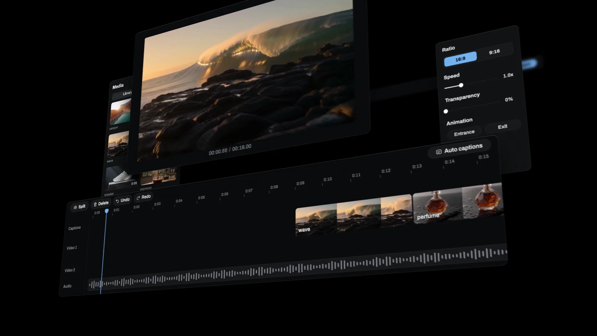 KreatorFlow Video Editor: clips land on a 3D timeline, the editor assembles, a snow leopard is generated straight onto the timeline, then the edit is exported in 1080p