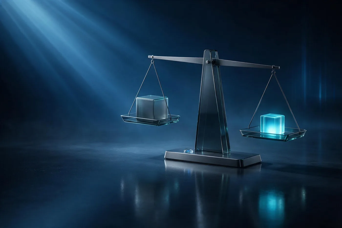 A glass balance scale on a dark stage tipping toward a small lit cube