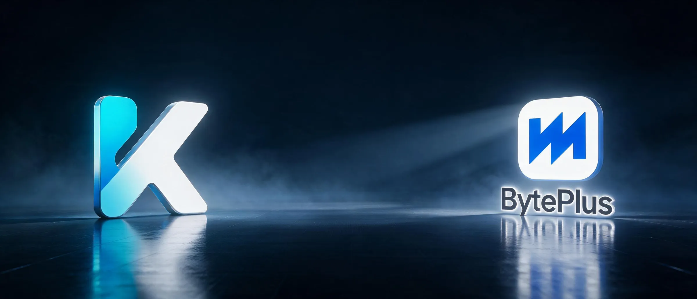The KreatorFlow K mark and the BytePlus logo lit on a dark reflective stage
