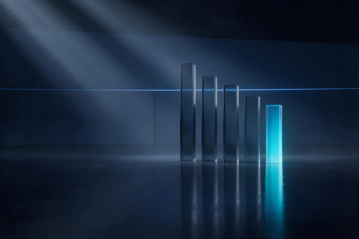 Five glass bars of falling height on a dark stage, the shortest one lit cyan
