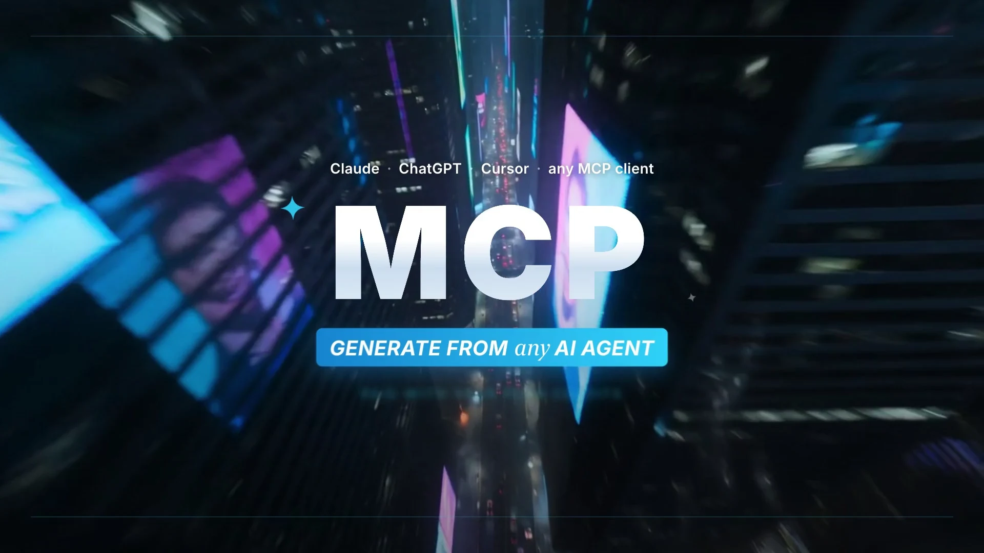 KreatorFlow MCP: a Claude chat window over a neon city; Claude, ChatGPT and Cursor connect, a prompt calls kreatorflow.generate_video and the result lands in the thread