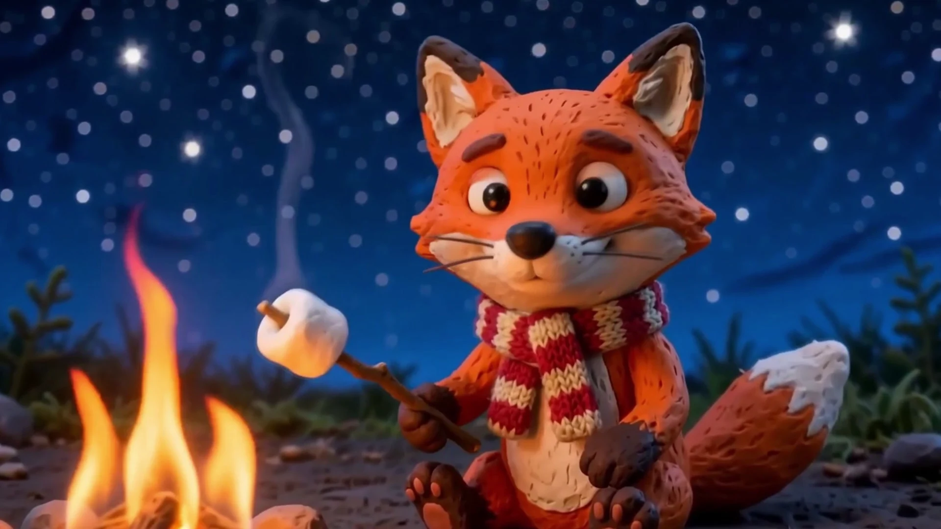 Made with Wan 3.0 on KreatorFlow: a claymation fox by a campfire, an anime sword fight, a dragon flying through clouds, a girl running in neon rain, a cat chef and a watercolor frog in a paper boat